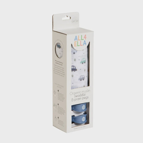 Organic muslin swaddle & 2 pram peg gift set - Beep Beep