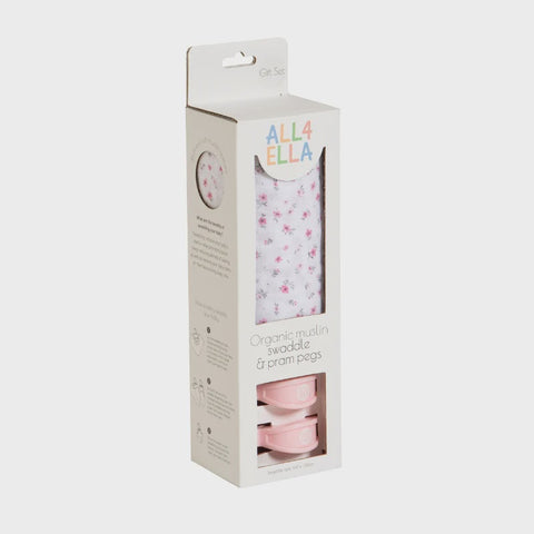 Organic muslin swaddle & 2 pram peg gift set - Pink Petals