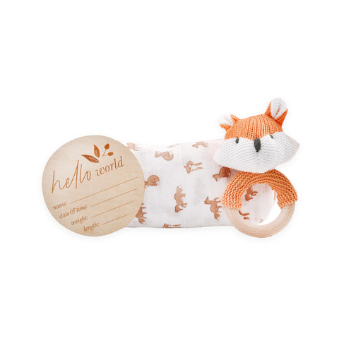 Muslin Swaddle & Rattle Gift Set - Little Fox