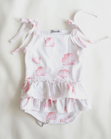 Maman Aerin Petal Cotton Jersey Tie Shoulder Ruffle Romper (Limited Edition Print)