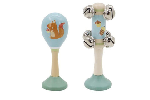 Calm & Breezy Squirrel Wooden Maraca & Bell Stick Set