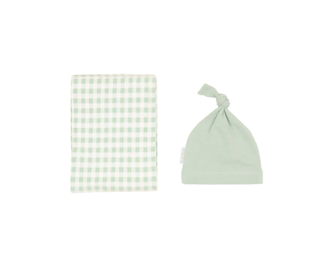 Jersey Swaddle & Beanie Set - Gingham Sage